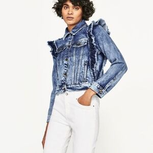 ZARA ruffled puff sleeve denim jacket 100% cotton cropped
